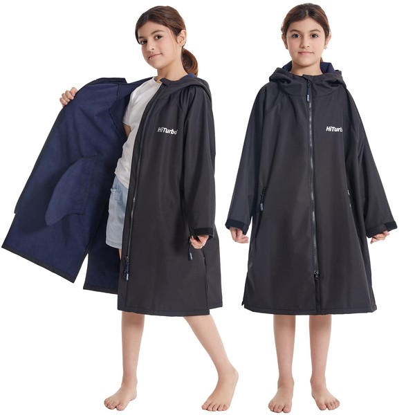 Hiturbo Kids Waterproof Changing Robe: Windproof Warm Robe Oversized Coat Surf Poncho with Short Fleece Lining Black
