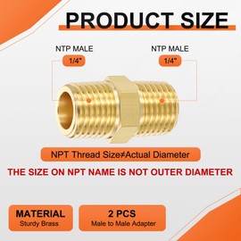 Rebower 2 Packs Male to Male Adapter, 1/4" MNPT x 1/4" MNPT Hex Nipple Pipe Extension Fittings for Industrial, Automotive, Fluid Transfer, Home Gardening, Water Treatment, Gas Line