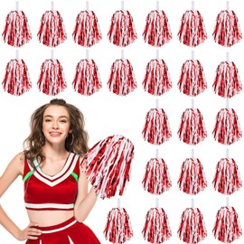 24 Pcs Pom Poms Cheerleading Cheerleader Spirited Cheer Baton Handle Metallic Foil for Sports Team Party Dance Cheering(Red, White)
