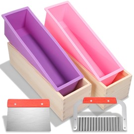 2 Pcs Rectangular Loaf Soap Molds Kit with Wooden Box, 42oz Flexible Silicone Mold, Stainless Steel Wavy & Straight Slicer Cutter for DIY Soap Making, Pink and Purple