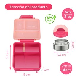 HAPPY LIFE Lonchera niña y niño tipo omiebox incluye termo, bento box c 4 compartimentos modulables de gran capacidad, lunch box con sellado hermético anti-fugas, caja de almuerzo BPA Free (Rosa)