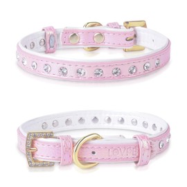 LOVPE Dog Collar Bling Leather with Studded Diamonds Glamorous Rhinestone Gold Buckle Accessory for Small to Medium Dogs,Cats,Girl & Boy Puppies Kittens (XS, Pink)