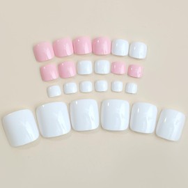 Short Press On Toenails Square Fake Toenails Full Cover False Toenails With Designs Acrylic Toenails Press Ons Glossy Glue On Toenails Reuseable Stick On Toenails For Women (Pink White)