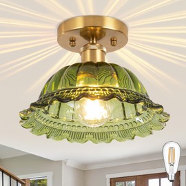 Nogcew Semi Flush Mount Ceiling Light, Vintage Ceiling Light E26 Base, Green Shade Glass Hallway Light Fixture for Kitchen Porch Bedroom,Bulb Included
