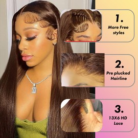 VCVVCV 28 Inch Brown Straight Wig Human Hair 13x6 Hd Lace Front Human Hair Wigs For Black Women Glueless Lace Front Wigs Pre Plucked 180% Density Brown Wig