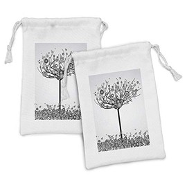 Ambesonne Tree of Life Fabric Pouch Set of 2, Abstract Image Circle Leaves and Round Plants Spiral Dot Illustration Design, Small Drawstring Bag for Toiletries Masks and Favors, 9" x 6", Black White