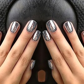 24Pcs Silver Chrome Press on Nails Short Square Fake Nails with Nude Design Glossy Reusable False Nail Chrome Square Nails Press ons Full Cover Artificial Stick on Nails for Women DIY Manicure