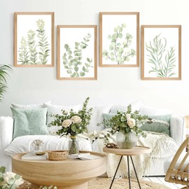Set of 4 Framed Botanical Plant Wall Art Prints Decor for Bedroom,12x16”Boho Leaf Eucalyptus Framed Minimalist Prints Wall Signs Art Decor for Living Room Bathroom
