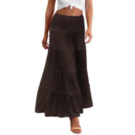 Zeagoo Women's Long Maxi Skirts Tiered High Waist Boho Elastic Layered A-Line Casual Midi Dress Brown