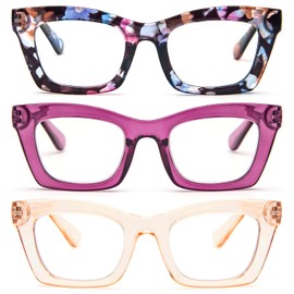 REAVEE 3 Pack Oprah Style Reading Glasses for Women Blue Light Blocking, Cute Oversized Square Computer Readers with Spring Hinge, Flower Rose Tea 1.0