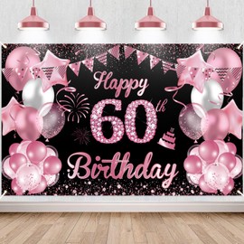 Waylipun Happy 60th Birthday Banner Black and RosePink Birthday Party Decorations Backdrop, Birthday Sign Poster Birthday Photo Background Fabric Banner for Girls Women, 110 x 180 cm (60th)