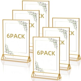 Bluweet Double Sided Picture Frame 6 Pieces, A6 Gold Place Card Holder, Easel Style Stand, Gold Frame for Wedding Table Numbers, Menu Holder, Photo Frame Advertising Stands Table Menu