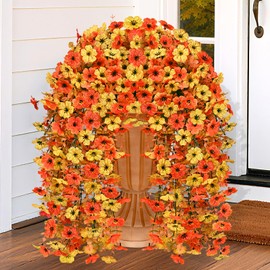 Artificial Mums for Outdoors, 4 Pack Faux Mums for Outdoor Planters, Fall Hanging Flowers Artificial for Decoration, UV Resistant Fake Flowers for Outdoors Garden Porch Yard Patio, Orange & Yellow