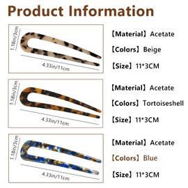 French Hair Forks, Tortoise Shell U-Shape Updo Hair Pins Clips for All Hair Types, Classic 2 Prong Bun Hair Sticks, Cellulose Acetate Chignon Accessories for Women, Vintage Style, 3-Pack