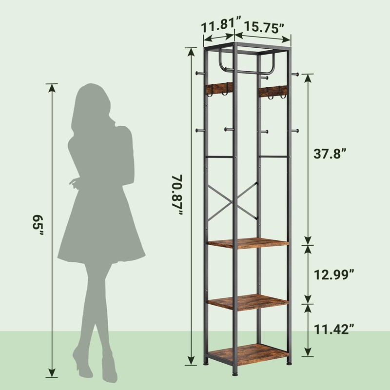 ELYKEN Coat Rack Freestanding, Hall Tree with 3 Storage Shelves