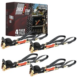 SHOCKSTRAP Ratchet Strap, 15' x 1.5" Shock Absorbing Heavy Duty Tie downs for Cargo, 1,000 LB WLL / 3,000 LB Break Strength, 4-Pack