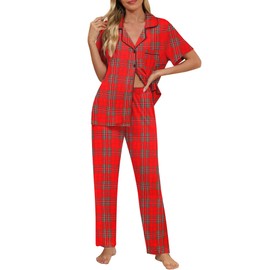 Senert Christmas Matching Sets For Women Sleepwear Button Up Pajamas Soft Short Sleeve Pjs Lounge Sets Red Green Plaid,Large