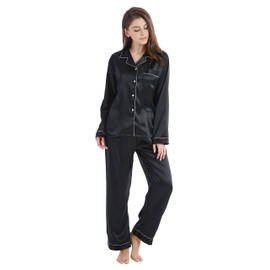 TONY & CANDICE Women's Classic Satin Pajama Set Sleepwear Loungewear (Medium, Black With White Piping)