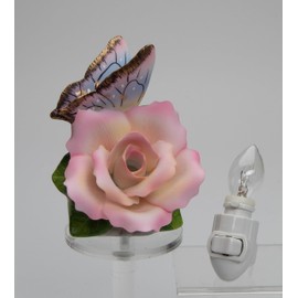 Cosmos Gifts Fine Porcelain Lighted Pink Rose Fower with Butterfly Plug-in Nightlight Figurine, 5-3/4" H