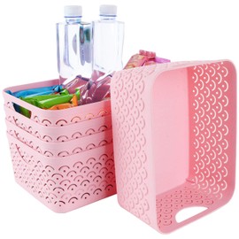 STARVAST - Paquete de 5 cestas de almacenamiento de plástico, con patrón de escamas de pescado rosa portátil con asa para cocina, baño, habitación de niños o guardería, 9.4 x 7.1 x 4.1 pulgadas