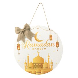 L1rabe Ramadan Kareem Hanging Ornament - Eid Mubarak Wreath Wooden Hanging Door Sign Decorations White Gold Round Welcome Sign Islam Ramadan Mubarak Moon Ornament Home Wall Door Decor Party Supplies