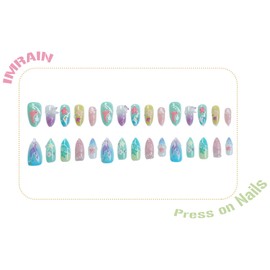 IMRAIN Press on Nails Medium Almond Fake Nails 3D Flower False Nails Full Cover Glue on Nails Cute Starfish & Dolphins Designs Acrylic Nail Supplies Blue Pink Stick on Nails for Women Girls