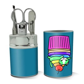 Cute Kawaii Lazy Cat in Rainbow Cupcake Stainless Steel Manicure Pedicure Grooming Beauty Care Travel Kit