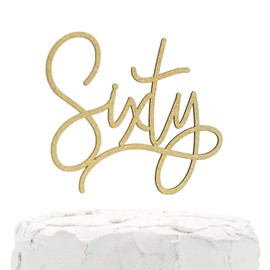NANASUKO - Decoración cursiva moderna para tartas de 60 cumpleaños, sesenta - purpurina dorada de doble cara, calidad premium fabricada en Estados Unidos