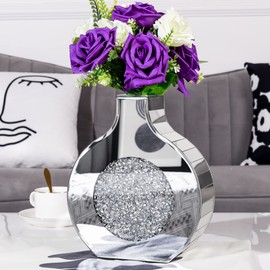 BLINGWORLD Flower Vase Mirror Finish Vases for Decor, Crystal Decorative Vase for Flower Circle Donut Crushed Diamond Home Decoration Tabletop, Silver 9 inches Tall, Can’t Hold Water