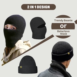 BROKIG 2 in 1 Black Balaclava Ski Mask Warm Face Strechy Soft Balaclava Mask and Beanie Hat for Men(2 Pack Black)