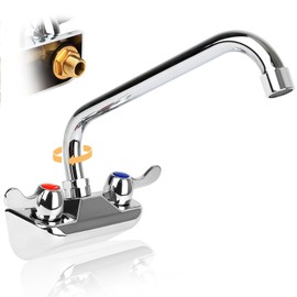 KWODE 4" Center Wall Mount Kitchen Faucet with 10" Swivel Spout, Dual Lever Handles Commercial Hand Sink Faucet for Commercial Food Industrial Restaurant,1/2" NPT Male Inlet, Brass