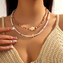 Summer Beaded Necklaces for Women Layered Starfish Turtles Shell Pendant Choker Surfer Beads Necklaces Boho Ocean Beach Jewlery Gifts (Starfish+Turtle)
