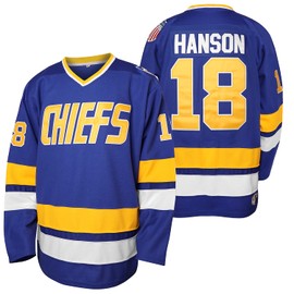 Men Hanson Brother 16 Jack 17 Steve 18 Jeff Charlestown Chiefs Stitched Movie Hockey Jerseys (18 Blue, XXX-Large)