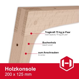 Gedotec Wooden Console Made of Beech, 1 Piece Shelf Bracket Made of Solid Natural Wood, 200 x 125 mm, TAUM, Pair Load Capacity up to 75 kg, Shelf Holder Suitable for Bookshelves, Heavy Duty Support