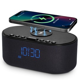 Sound Machine Alarm Clock for Bedrooms: Bluetooth 10W Stereo Sound Speaker with Wireless Charging - White Noise Machine for Sleeping with 21 Soothing Sounds - Black
