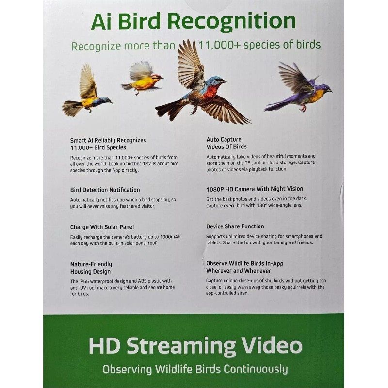 Bird Smart AI Recognition Bird Feeder HD Streaming Video Solar