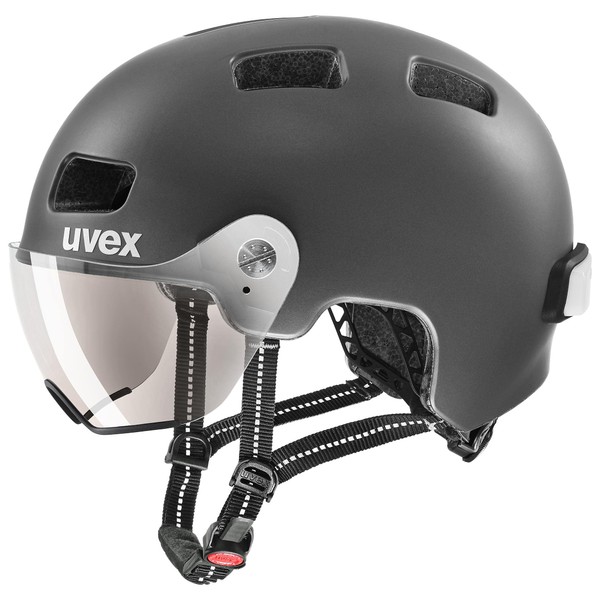 uvex Rush Visor - Lightweight City Helmet for Men and Women - with Visor - Led Lighting Included - Dark Silver Matt - 55-58 cm