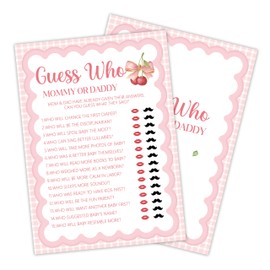 CWIOQPYI Cherry Baby Shower Games, 25 Pcs Who Mommy or Daddy Game for Adults, 5"×7" Double-Sided Gender Reveal Cards for Cherry Party Decorations Favors - C03