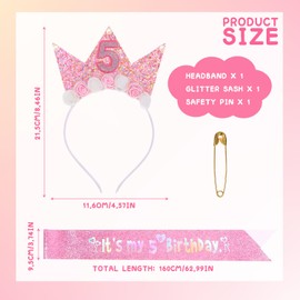 SUBTAVIK 5th Birthday Decorations, Girl Headband Flower Princess Crown Hairband Glitter Pink Birthday Girl Sash for Girls Party Decorations Gift