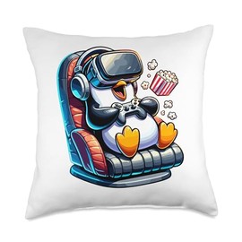 Gamer Penguin Popcorn Gaming Chair Headphones Games Player Throw Pillow