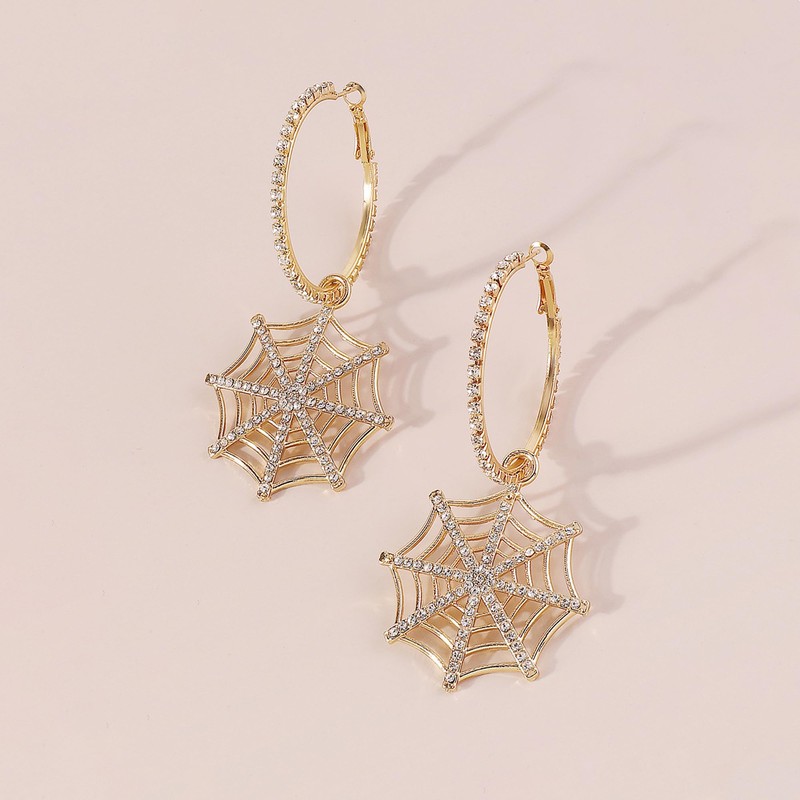 Halloween Spider Web Earrings for Women Large Gold Rhinestone Hoop