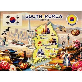 South Korea Graphic Map and Attractions Souvenir Fridge Magnet 2.5" X 3.5"