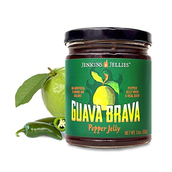Jenkins Jellies Guava Brava Hot Pepper Jelly - Sweet & Spicy Jalapeño Jelly - Gluten Free, Vegan Pepper Jam - Use as a Glaze, Dipping Sauce, or Dessert Topping - All Natural & USA Made - 11 Ounces