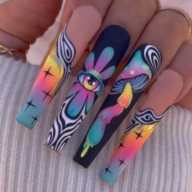 ANDGING Black Press on Nails Long Coffin, Fake Nails for Women with Matte Colorful Flower Mushroom Design, Acrylic Glue on Nails False Nails, Full Cover Stick on Nails for Wedding Birthday 24Pcs