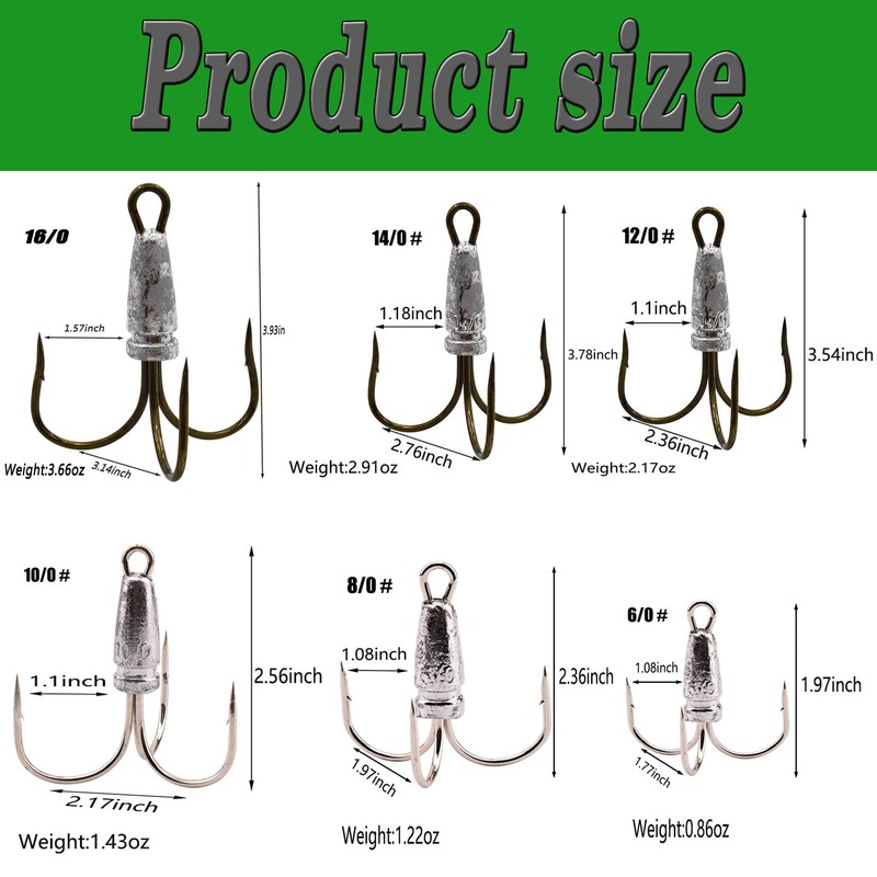 4 Pcs Snagging Hooks Snagging Weighted Treble Hooks （6/0, 8/0,