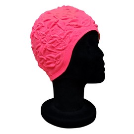Blue Reef Latex Lily Soft Pliable Solid Colour 3D Effect Floral Ladies Strapless Retro Style Vintage Look Swimming Hat Swim Cap Generous One Size Adults (Neon Pink)
