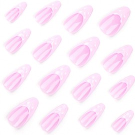 CEWEWP French Tips Press on Nails Long Pink Almond Fake Nails 3D Water Ripple Full Cover False Nails French Pink Designs Cute Acrylic Press on Nail Glossy Stick on Nails for Women Girls 24 Pcs