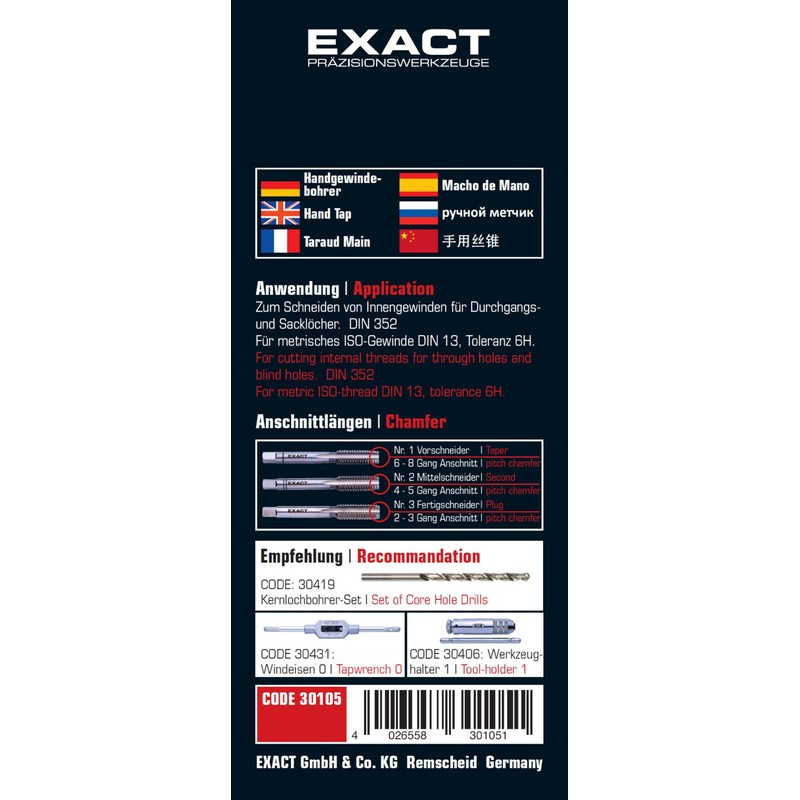 EXACT 30105 Hand Tap Set M8 HSS DIN 352