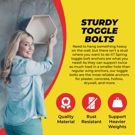 QUALIHOME Spring Toggle Bolt Anchors - Heavy Duty Wall Anchors for Hanging Items w/Hollow Walls & More - Stainless Steel Hollow Wall Anchor for Frames, Shelves, Mirrors & More, 20 Pack (1/8" x 2")