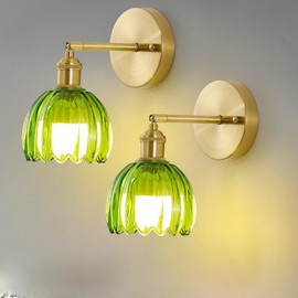 Ruibutrade Vintage Battery Operated Wall Sconces with Remote, 180 Degree Adjustable, Modern Battery Powered Wall Lighting Fixture with Green Tulip Glass Lampshade for Bedroom Bedside Bathroom-2Pack